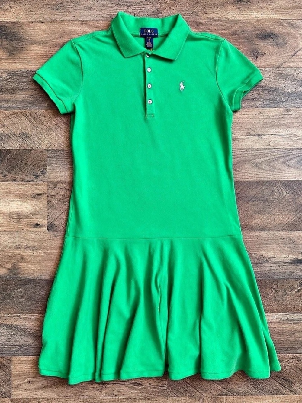 Polo Ralph Lauren Girls Pleated Stretch Mesh Polo Dress Green XL (16)